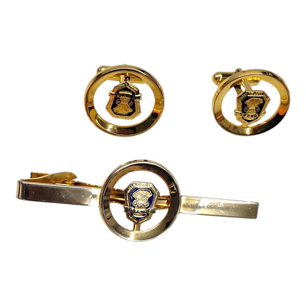 Vintage Patrons of Husbandry P of H Grange Cufflinks Tie Clip Set Gold Tone